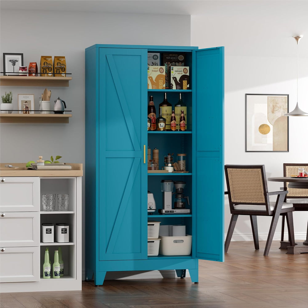 Farmhouse Pantry Cabinet with Barn Doors, 71" H x 31.5" W, 5-Tier M...