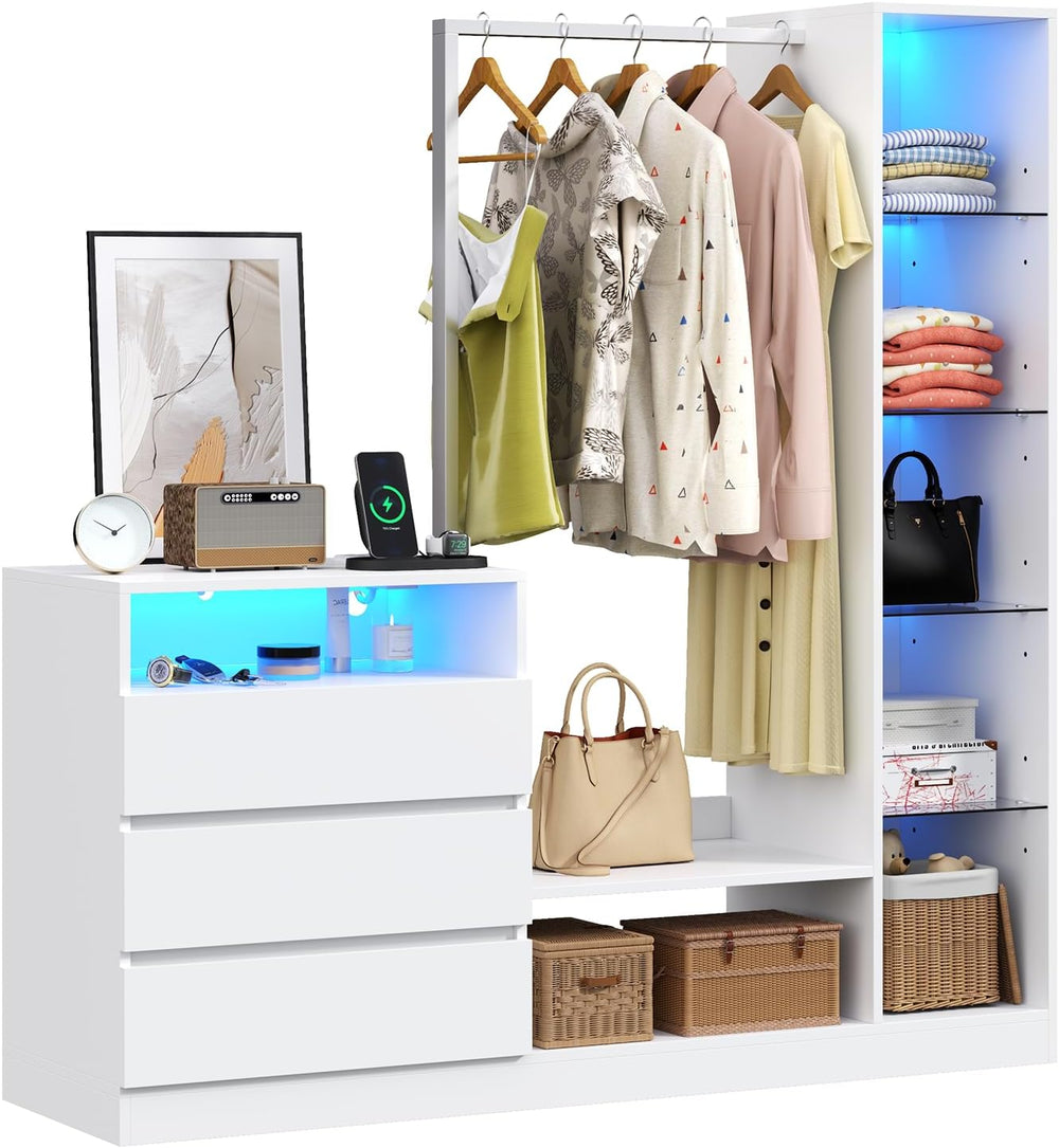 Dresser with Hanging Rack, 3 Drawers Dresser with Charging Station & LED