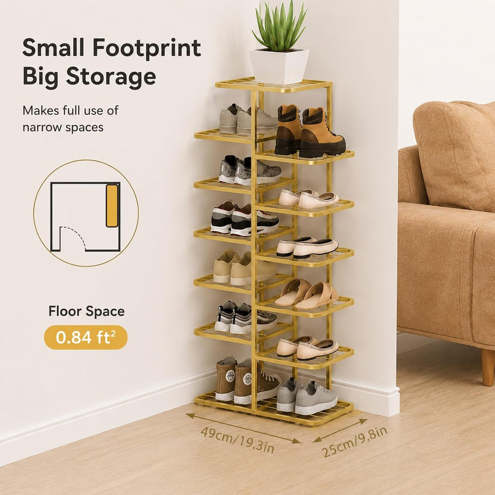 JSWHYBD Gold Shoe Rack Tower, Narrow Metal Organizer for Small Spaces