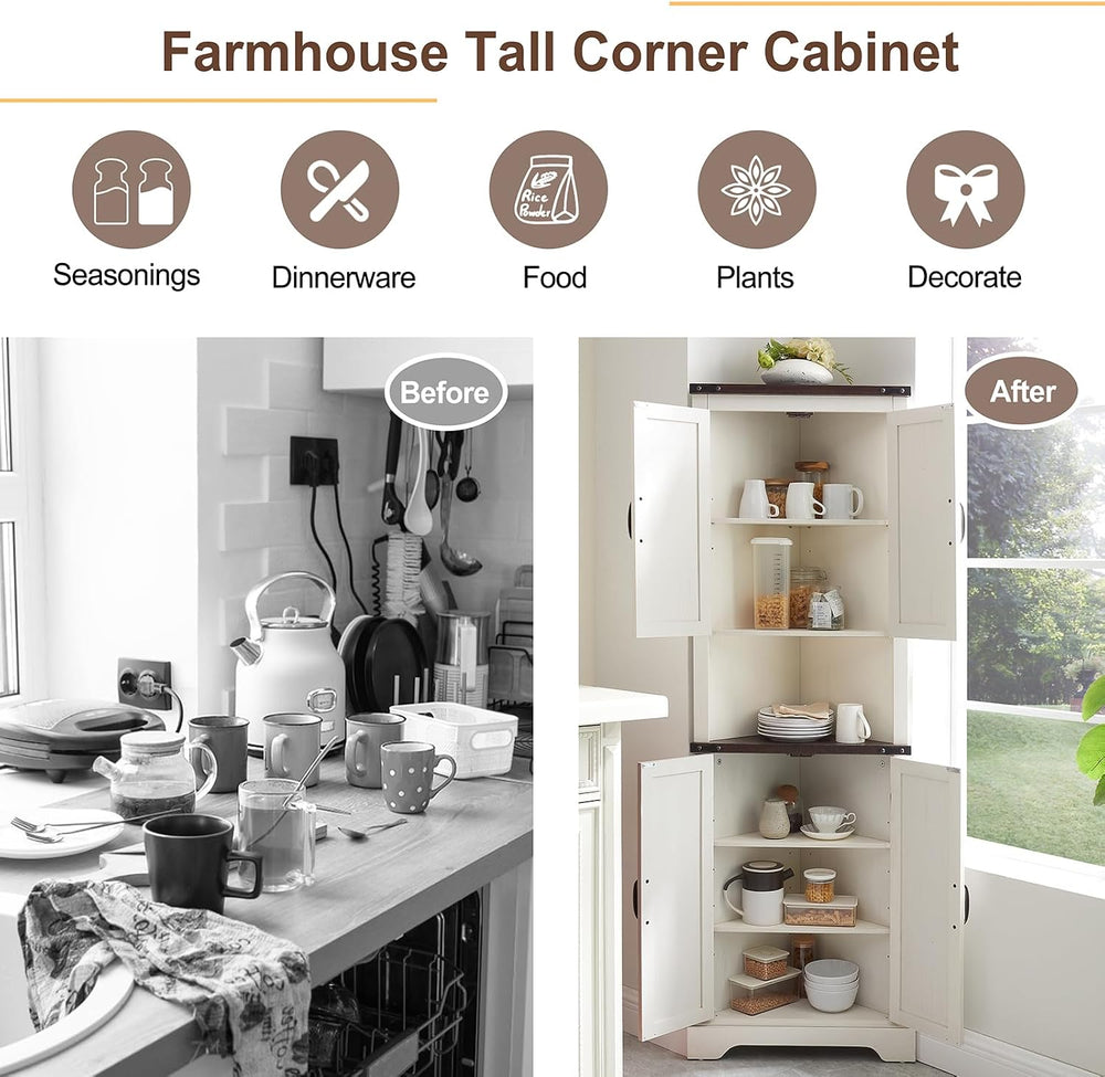 Minifeel Tall Farmhouse Corner Cabinet with 4 Doors and Adjustable Shelves, F...