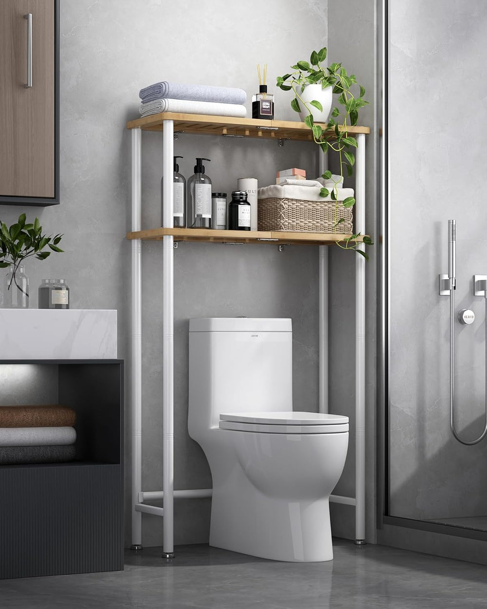 LiSHELF Bamboo Over The Toilet Storage Shelf 2-Tier Bathroom Organizer Rack F...