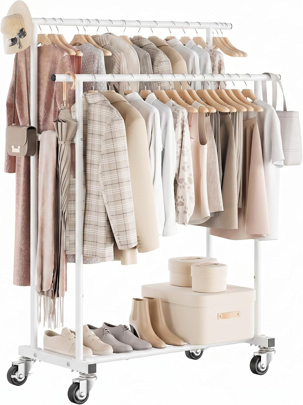 Calmootey Rolling Garment Rack, Sturdy Clothes Organizer for Bedroom