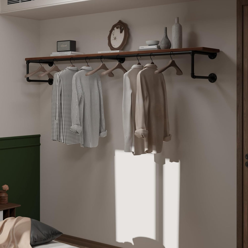 Clothes Rack 70in, Wall Mounted Garment Racks with Real Brown Wood Shelf, Hea...