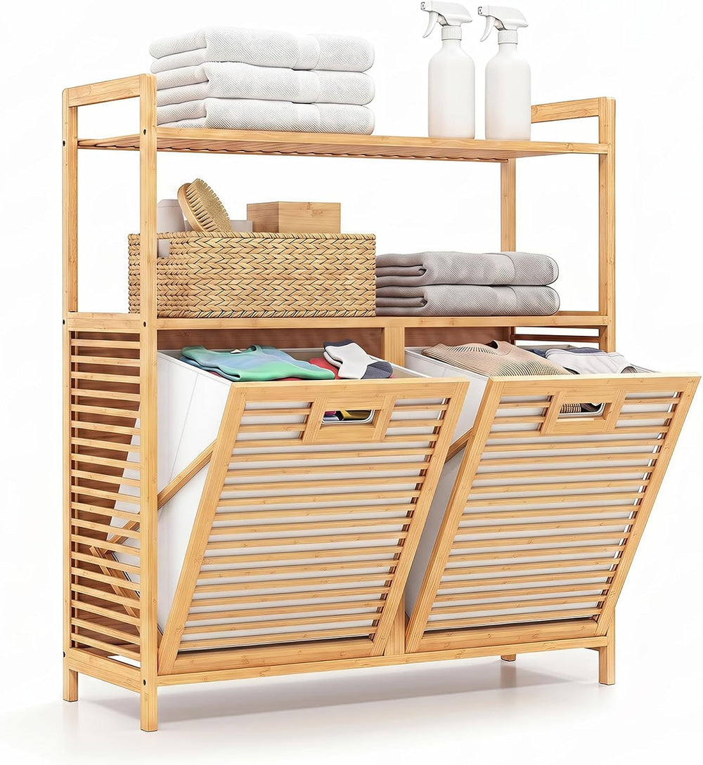 GOFLAME Bamboo Double Tilt Out Laundry Hamper Cabinet with Shelves