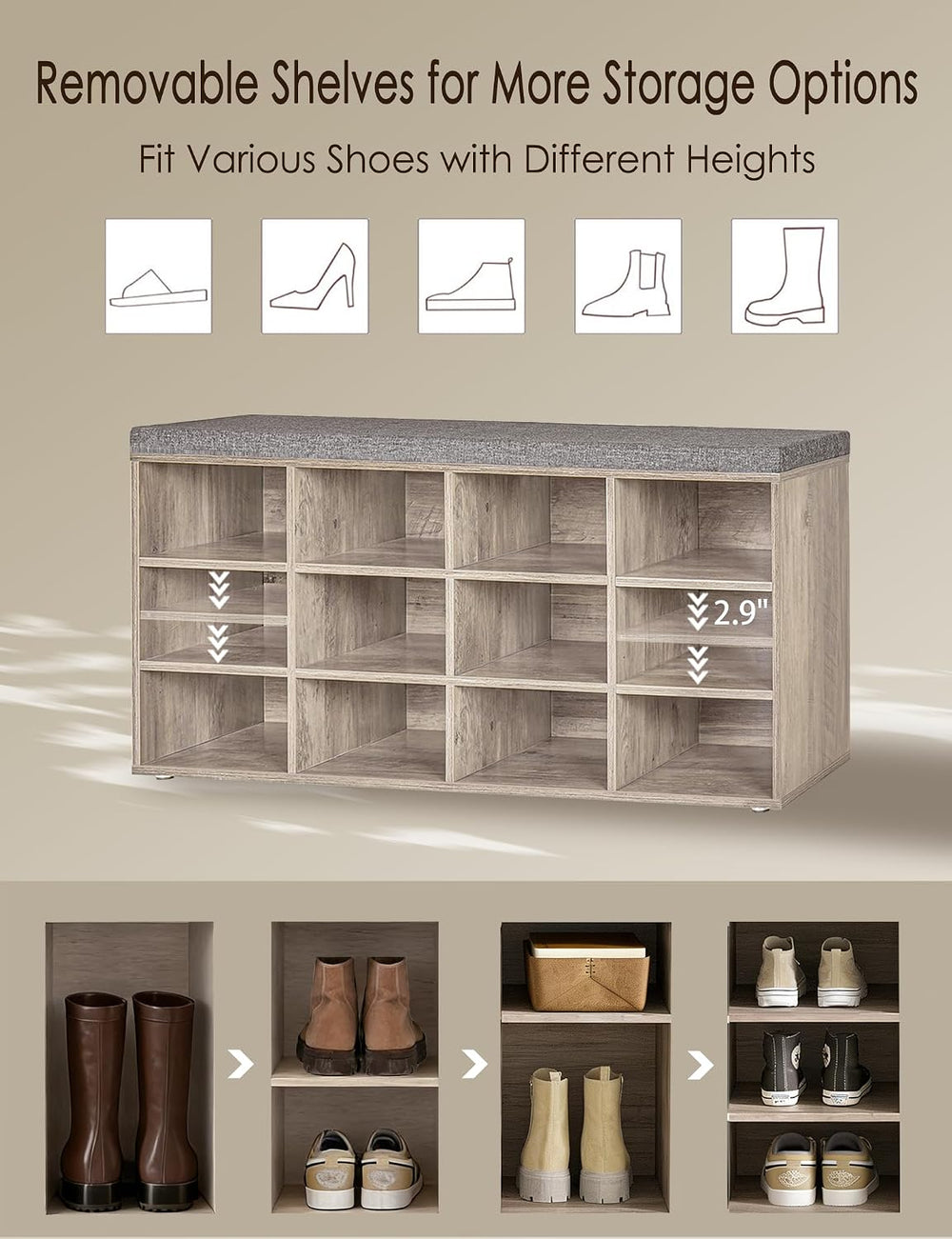 DINZI LVJ Shoe Storage Bench with Cushion, 40.9" Cubby Shoe Rack, 12-Cubby