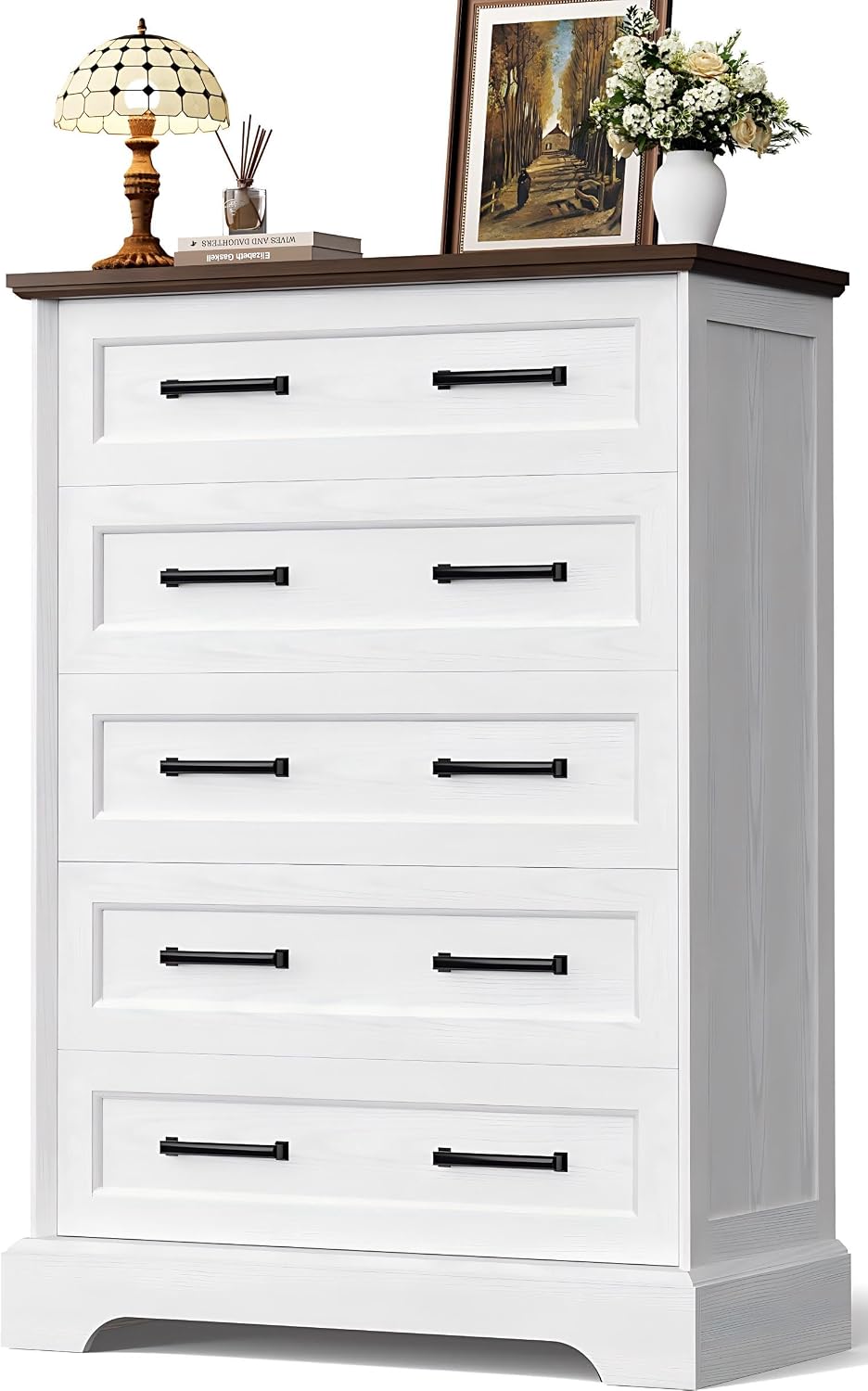 YESHOMY Tall Dresser for Bedroom, Farmhouse 5 Drawers Dresser, White&Brown