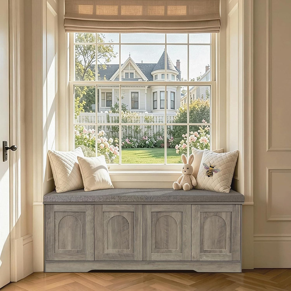 DINZI LVJ Shoe Storage Bench with Cushion, Door, Gray Wash 47.2" LX17.7 H