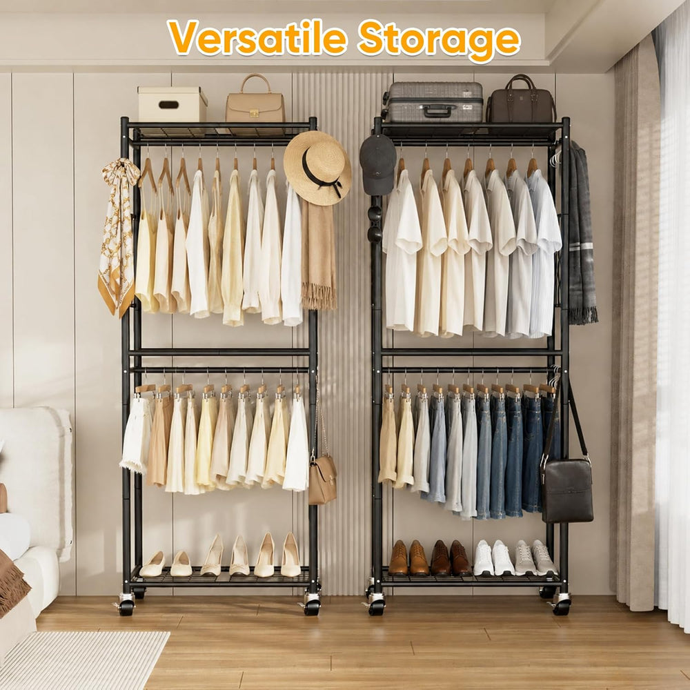 Aduanbang Heavy Duty Rolling Clothes Rack, 3 Tier Wire Shelving, Metal Garmen...