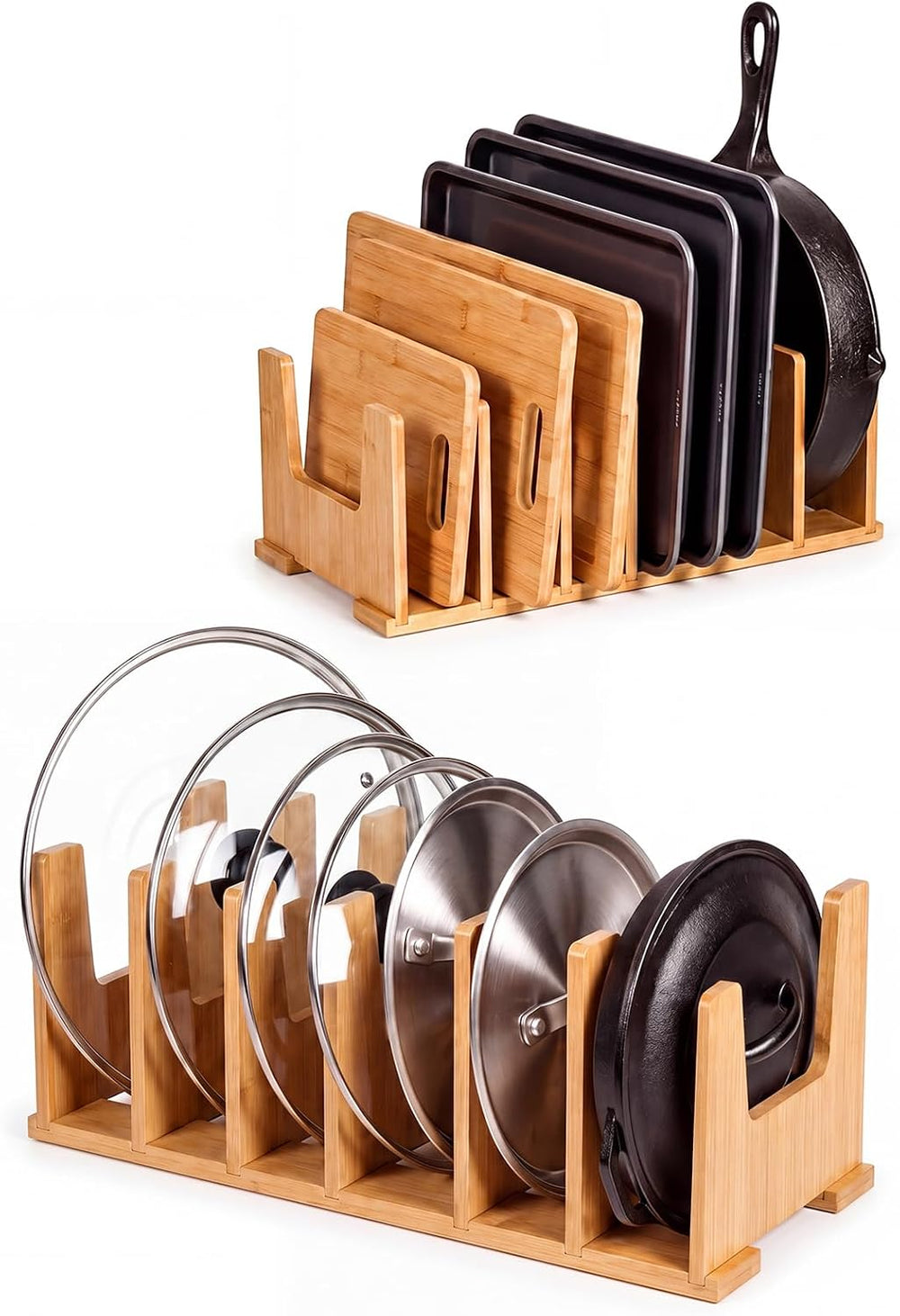 2 Pack Bamboo Pot Lid Organizer for Drawer & Cabinet, 6-Slot Lid Holder