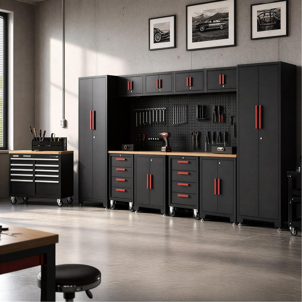 BIG RED Garage Storage Cabinets System, 12Pcs Workshop Cabinet Set in Black