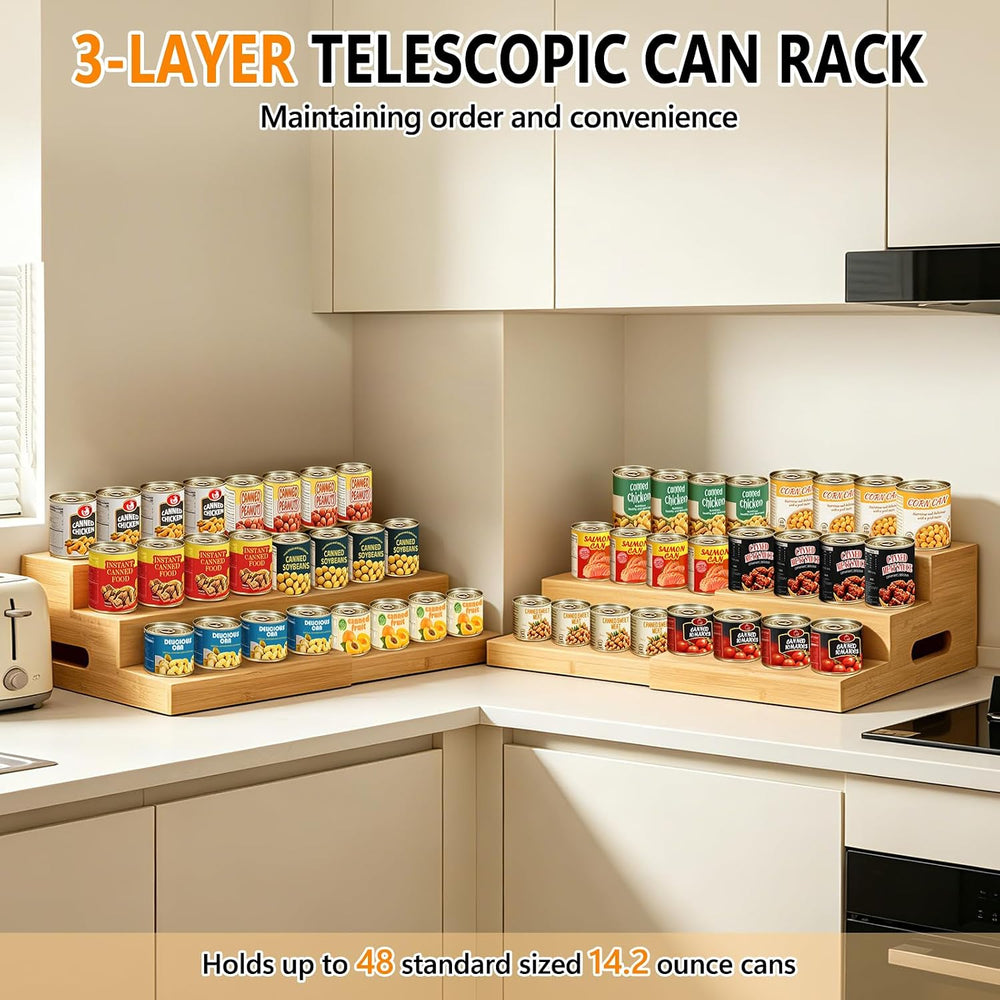 2 Pack 3-Tier Bamboo Expandable Can Rack Organizer for Pantry