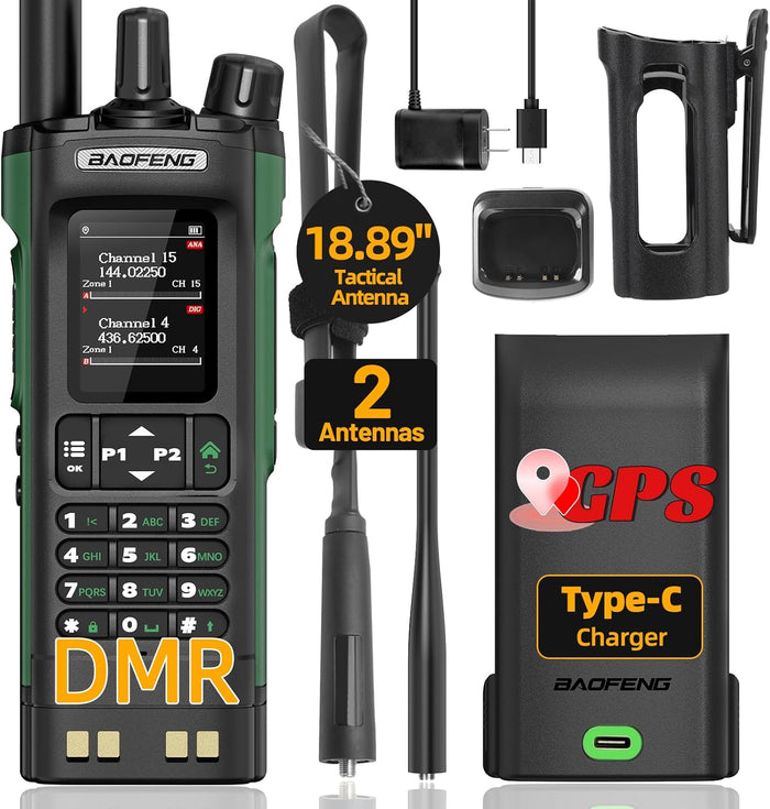Baofeng Radio DM32 DMR Radio 10W Ham Radio Handheld Rechargeable Walkie Talkies Long Range DM32UV Two Way Radio NOAA Weather Radio with GPS, Copy Frequency Type-C Charging Battery with Radio Holster
