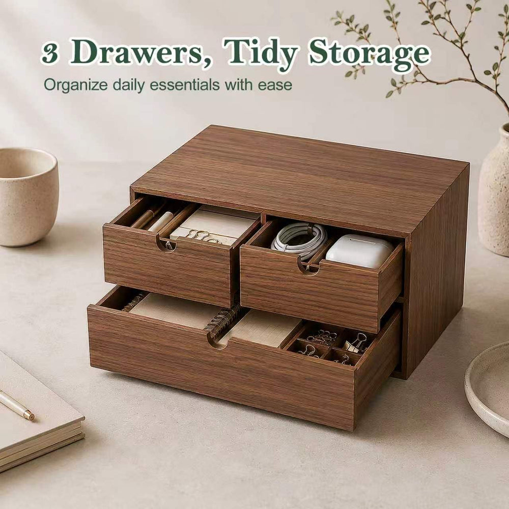 2-Tier Wooden Desk Organizer with 3 Drawers, Walnut Finish