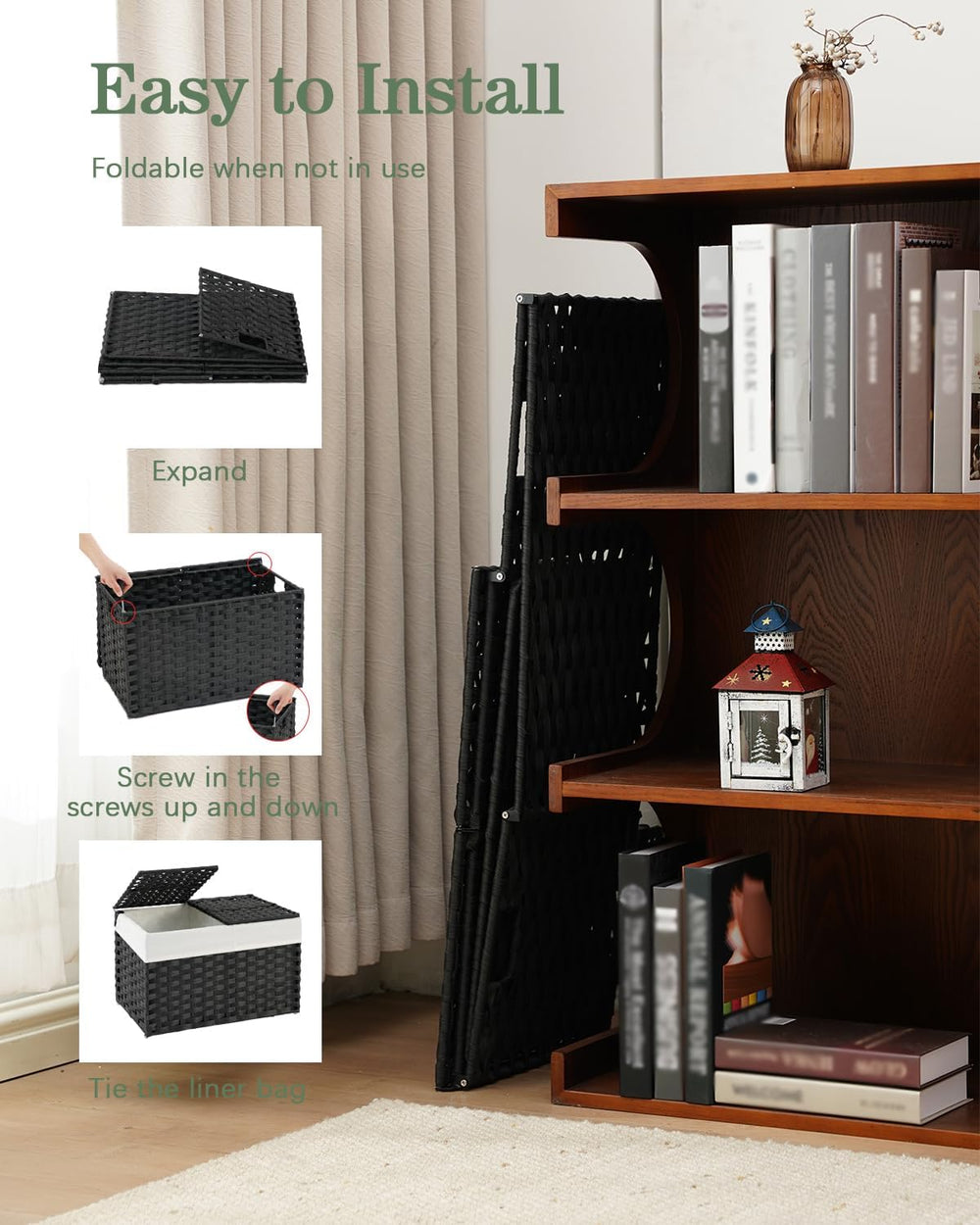 SETVSON Storage Basket with Lid PE Rattan Storage Basket 105L, Black