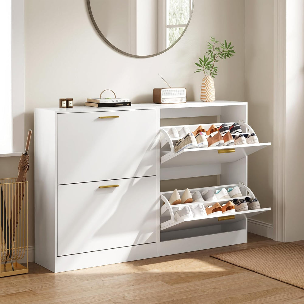 Shoe Cabinet Storage with 2 Flip Drawers and Closed Base, White丨Hidden Shoe O...
