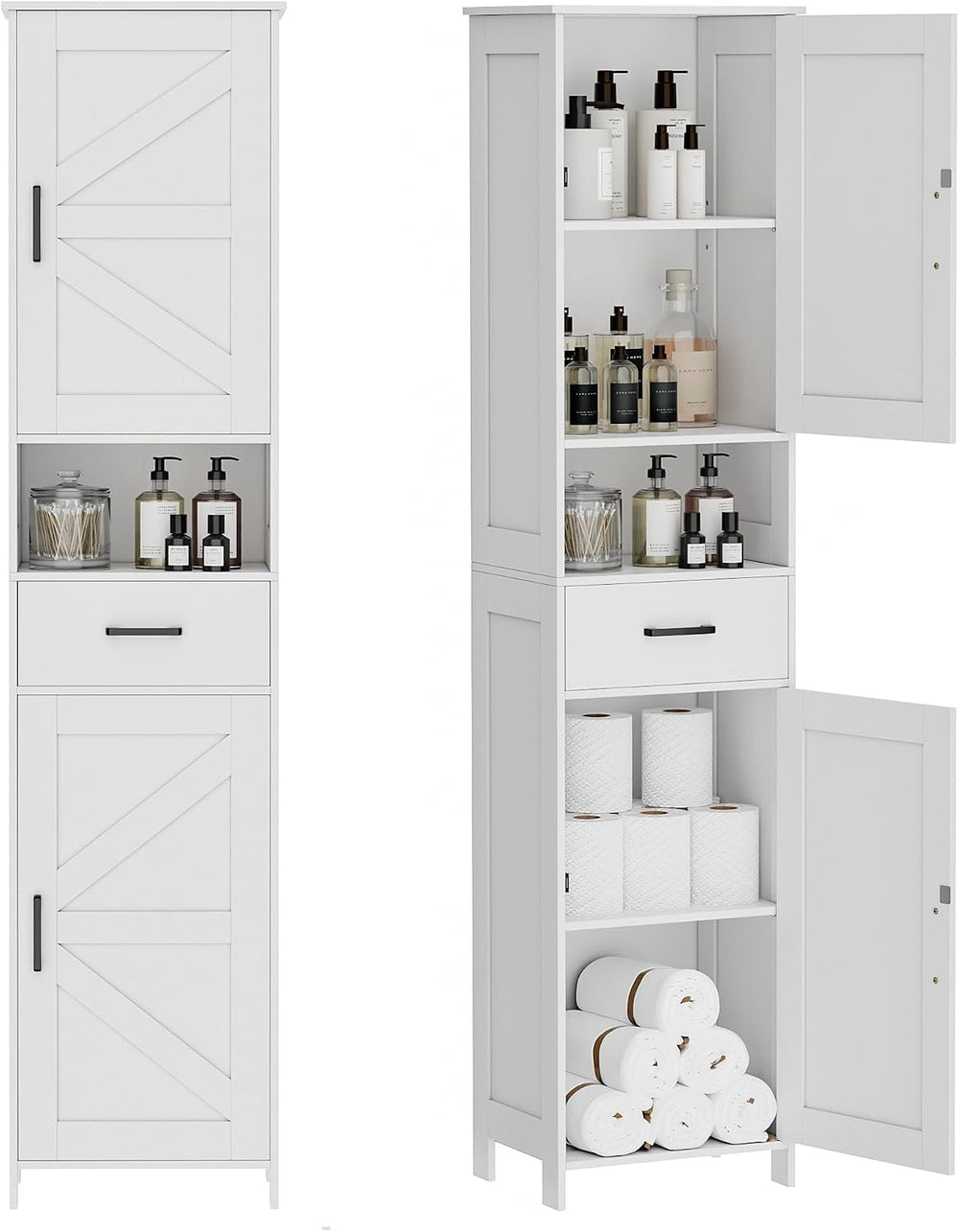 Homhedy 67" H Tall Bathroom Storage Cabinet with Barn Doors and Drawer