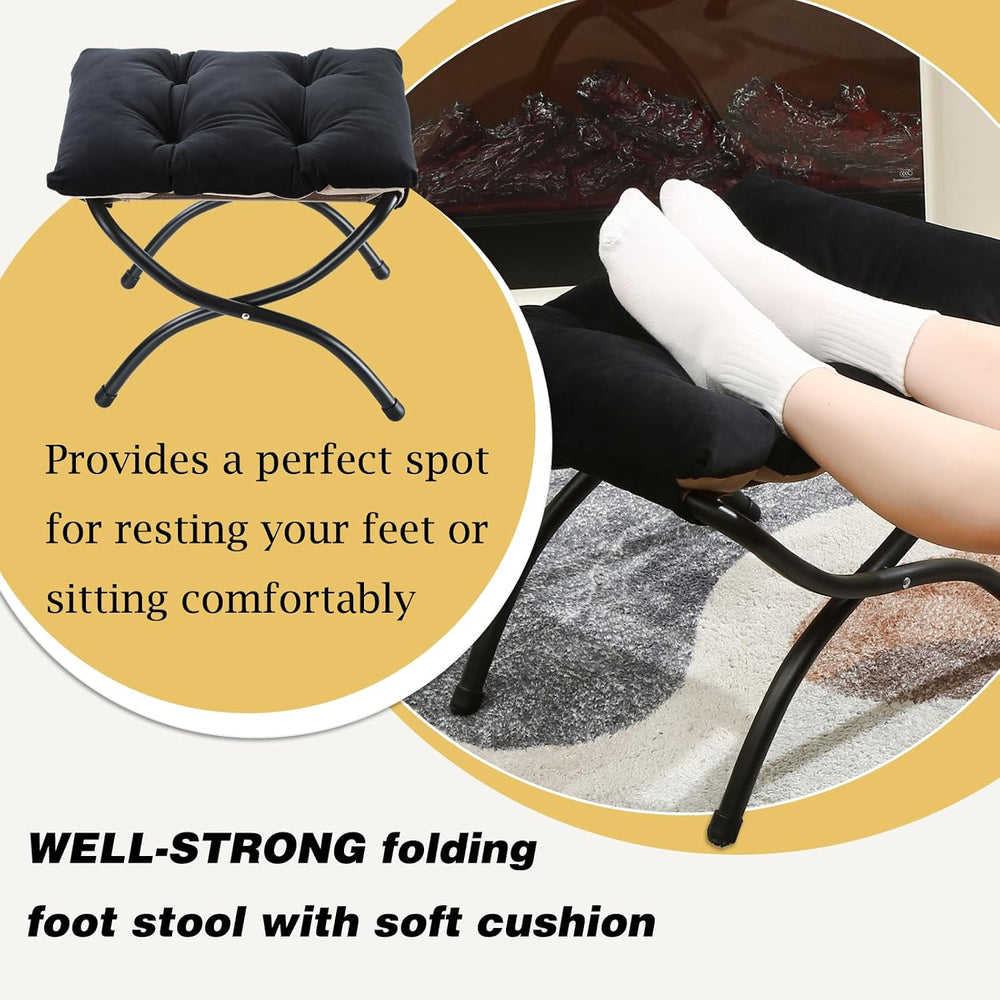 15" Upholstered Folding Foot Rest Stool with Foldable Metal Frame Black