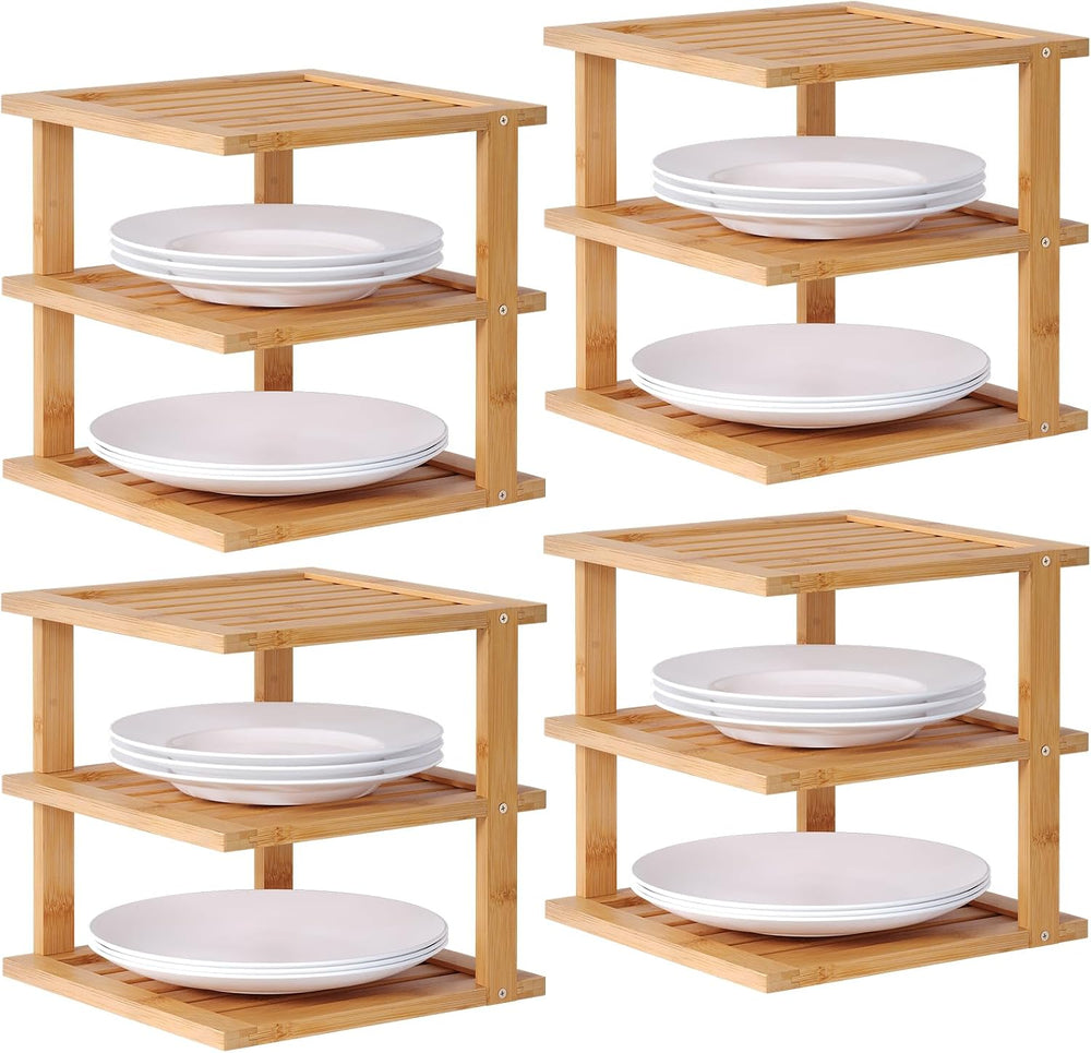 4 Pack Bamboo Corner Shelf,3 Tier Kitchen Cabinet Organizer for Plates and Di...