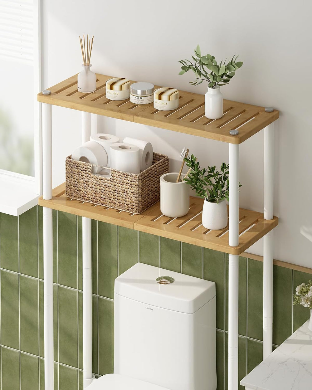 LiSHELF Bamboo Over The Toilet Storage Shelf 2-Tier Bathroom Organizer Rack F...