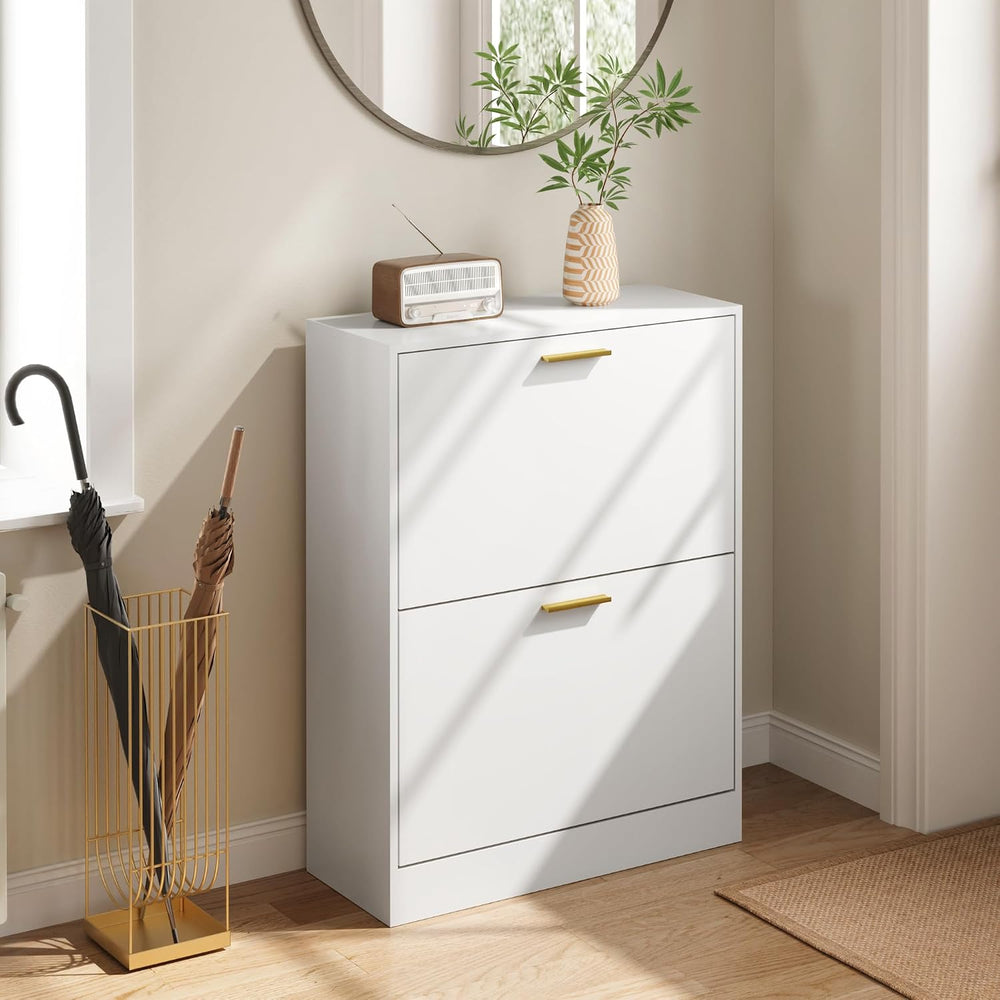 Shoe Cabinet Storage with 2 Flip Drawers and Closed Base, White丨Hidden Shoe O...