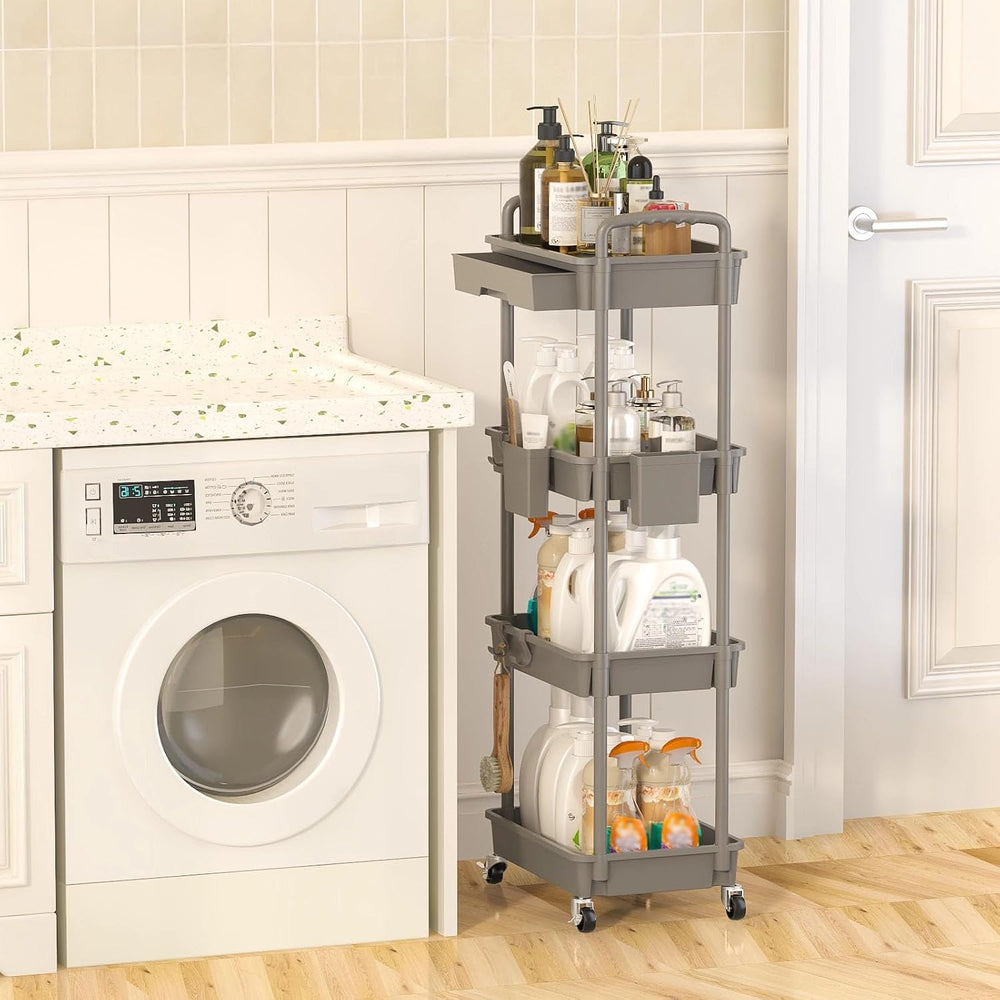 4 Tier Rolling Utility Cart with Drawer, Plastic Storage Organizer Rolling Ca...