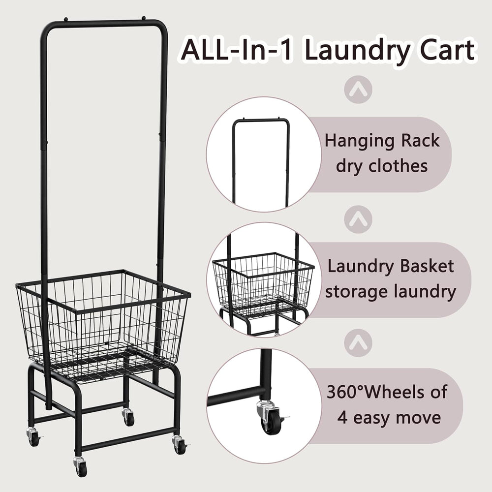 Rolling Laundry Cart with Wheels, Laundry Hamper Basket Organizer with Clothe...