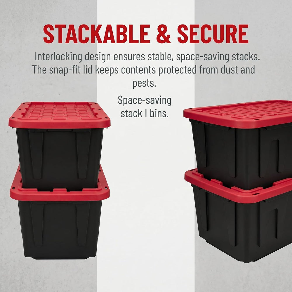 4‑Pack 27 Gallon Stackable Storage Bin, Locking Red Lid Black Body