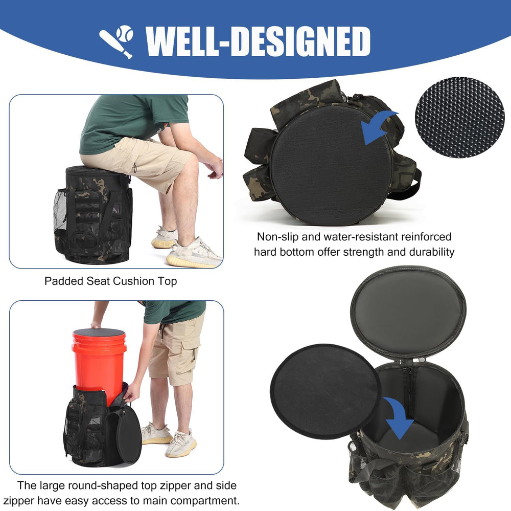 Baseball Bucket Bag 6 Gallon Multi Pockets Softball Coaching Equipment Bag