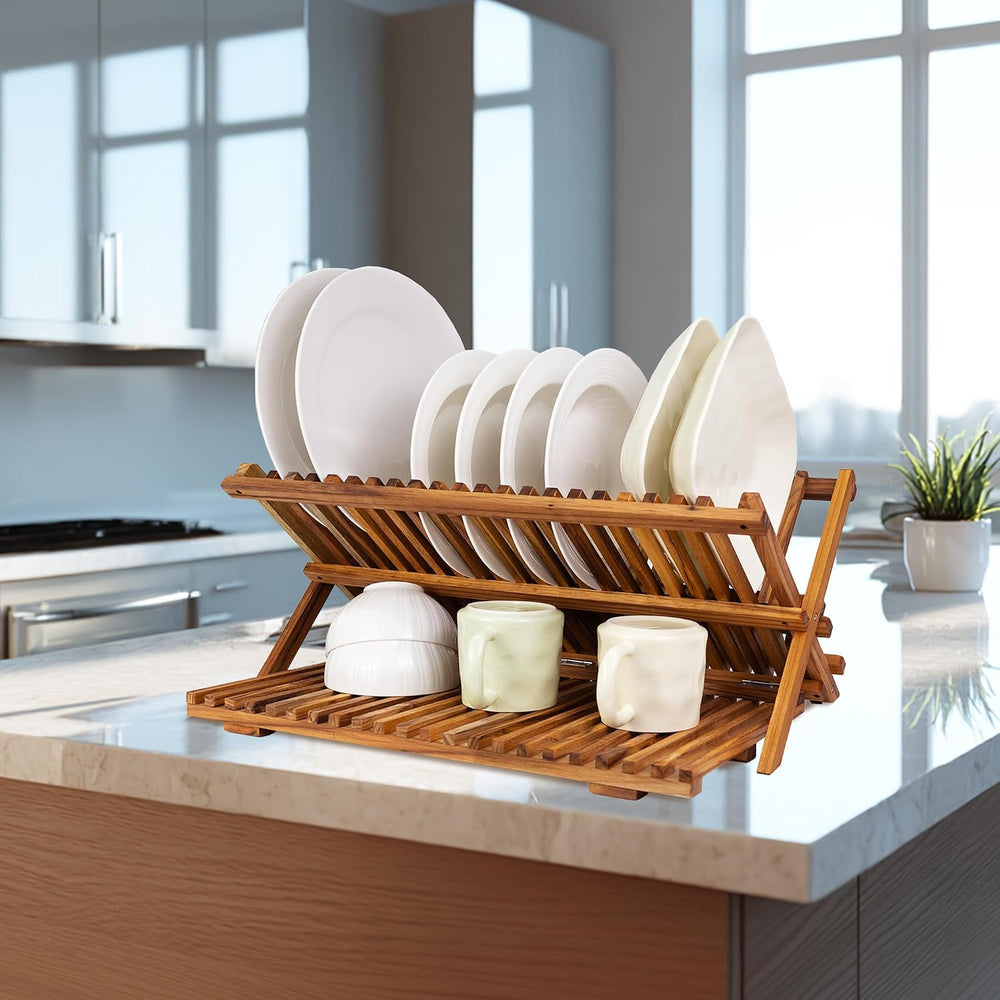 Utoplike Large Teak Dish Drying Rack, Wood Collapsible Organizer for Plates