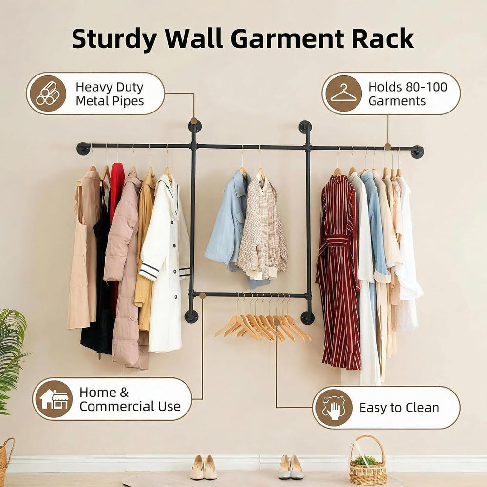 Industrial Pipe Clothing Rack, Hanging Garment Rack, Wall Mounted Pipe Clothe...