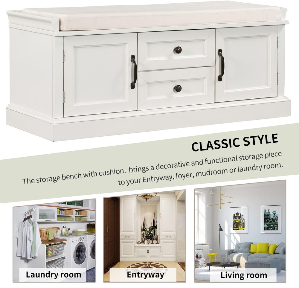 GDFStudio Rustic Storage Bench with 4 Doors 2 Draws Adjustable Shelves Remova...