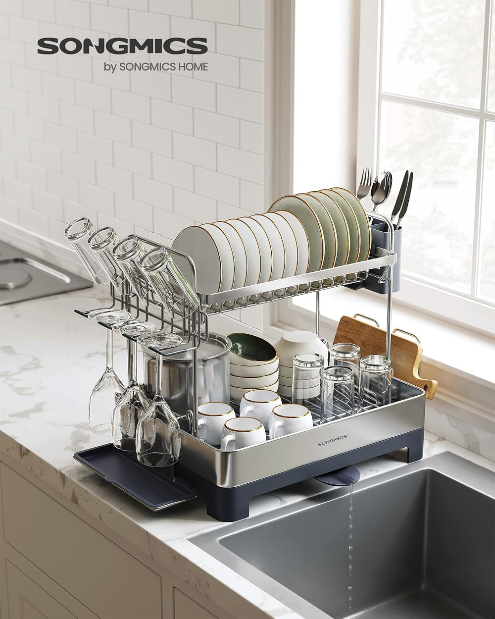 SONGMICS 2 Tier Dish Drying Rack for Kitchen Counter