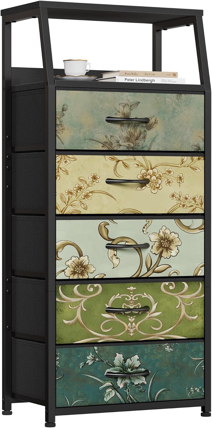 Furnulem 5 Drawers Dresser for Bedroom, Fabric Tall Nightstand