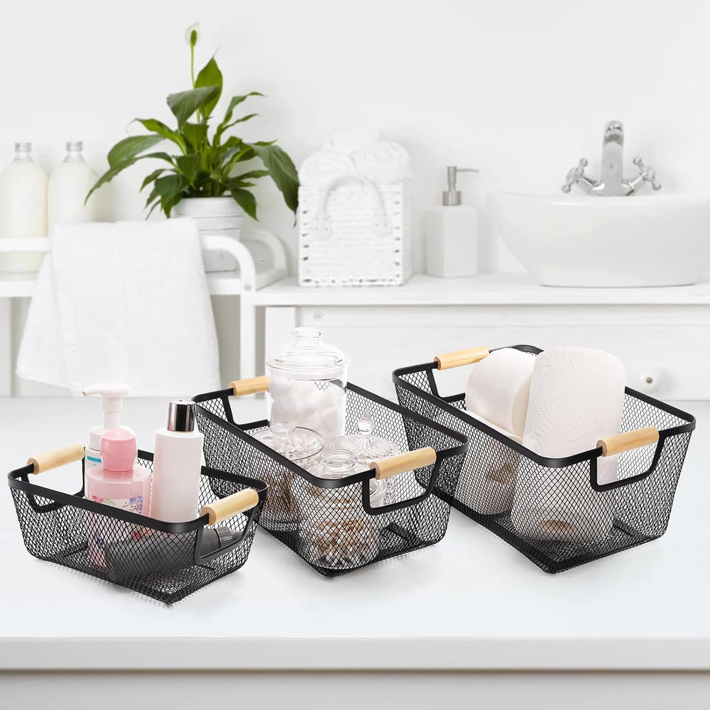 Noamus 3 Pack Metal Mesh Basket with Wooden Handle, Farmhouse Wire Steel Stor...