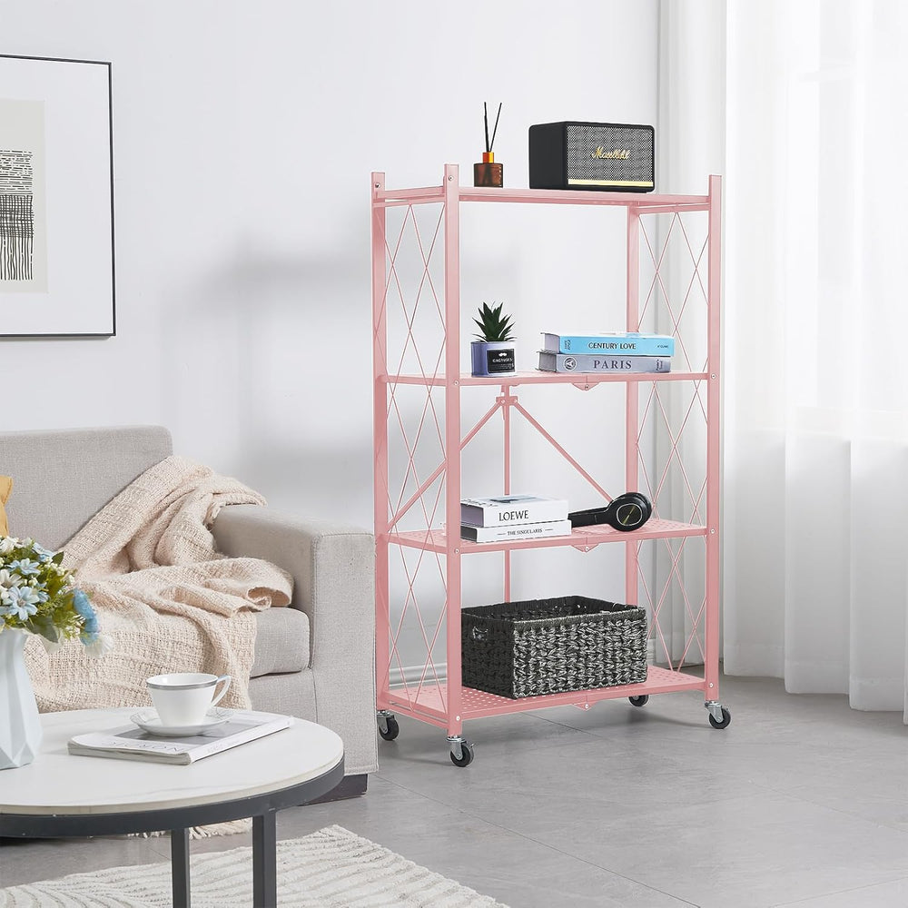 BRIAN & DANY 4-Tier Foldable Storage Shelves with Wheels, Folding Metal R...