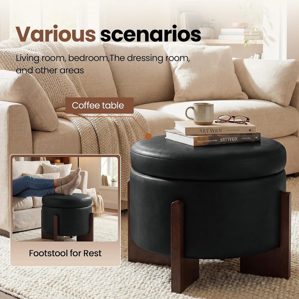 Leather Ottoman with Storage and Ash Wood Legs, Modern Foot Stool,Round Stora...