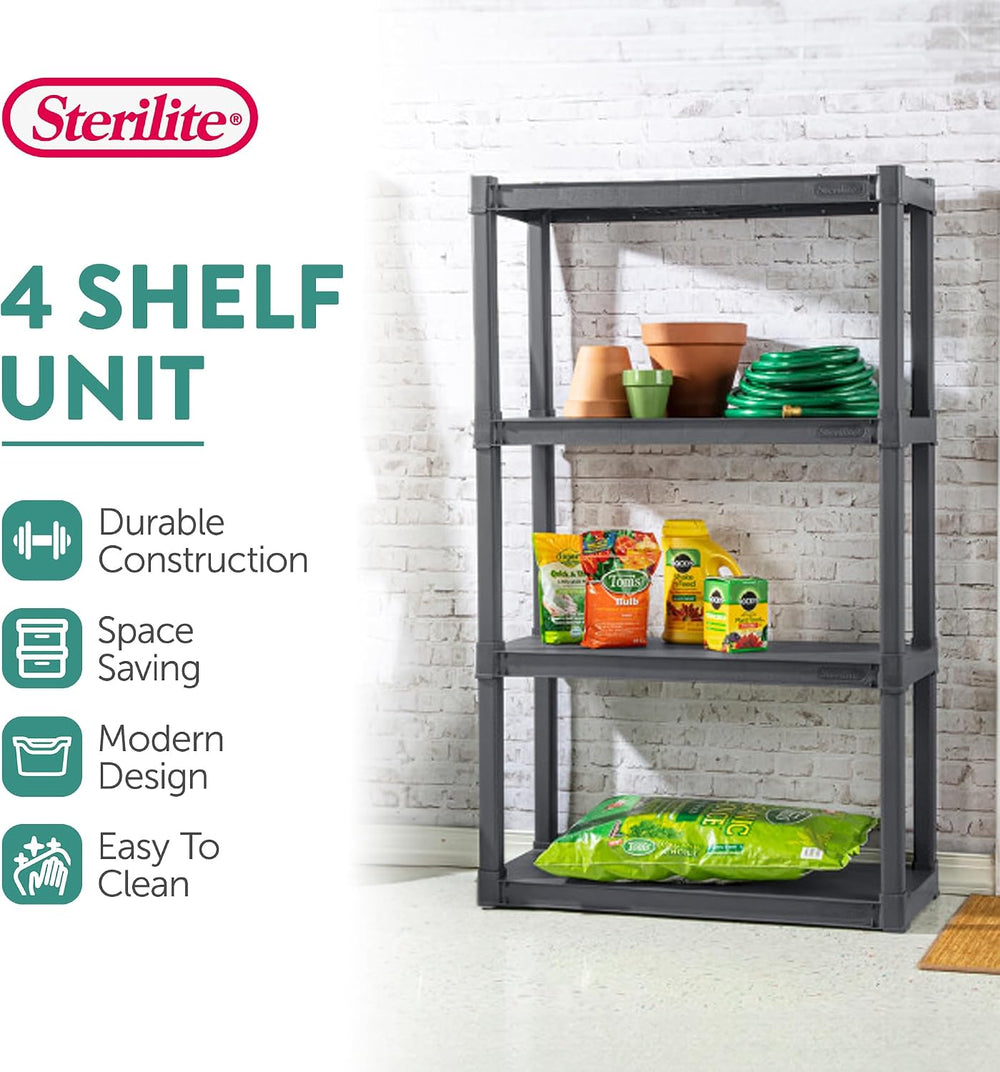 Sterilite 4 Shelf Unit, Heavy-Duty Plastic Utility Storage Rack, 3-Pack