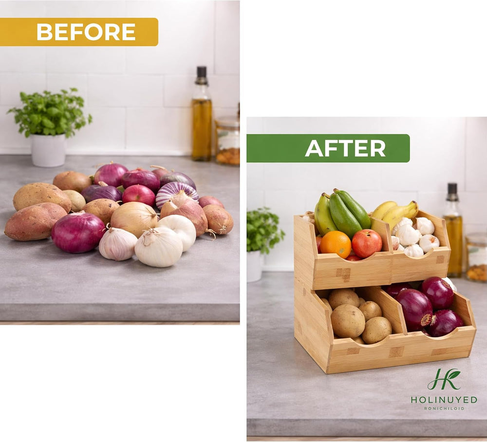 Bamboo Pantry Storage Bins Set of 3, Stackable Potato and Onion Storage Bin, ...