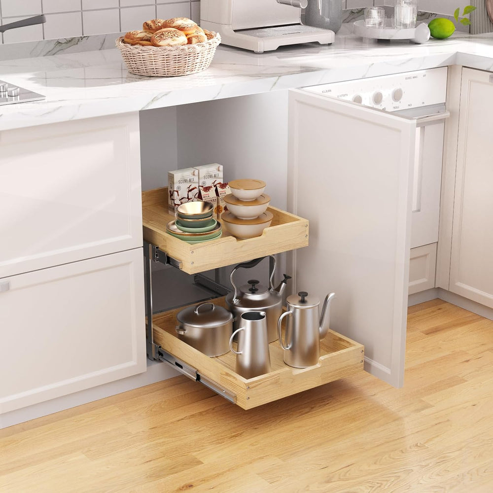 Sikarou Wood Pull Out Cabinet Organizer 2 Tie 14" W x 21" D, Heavy-...