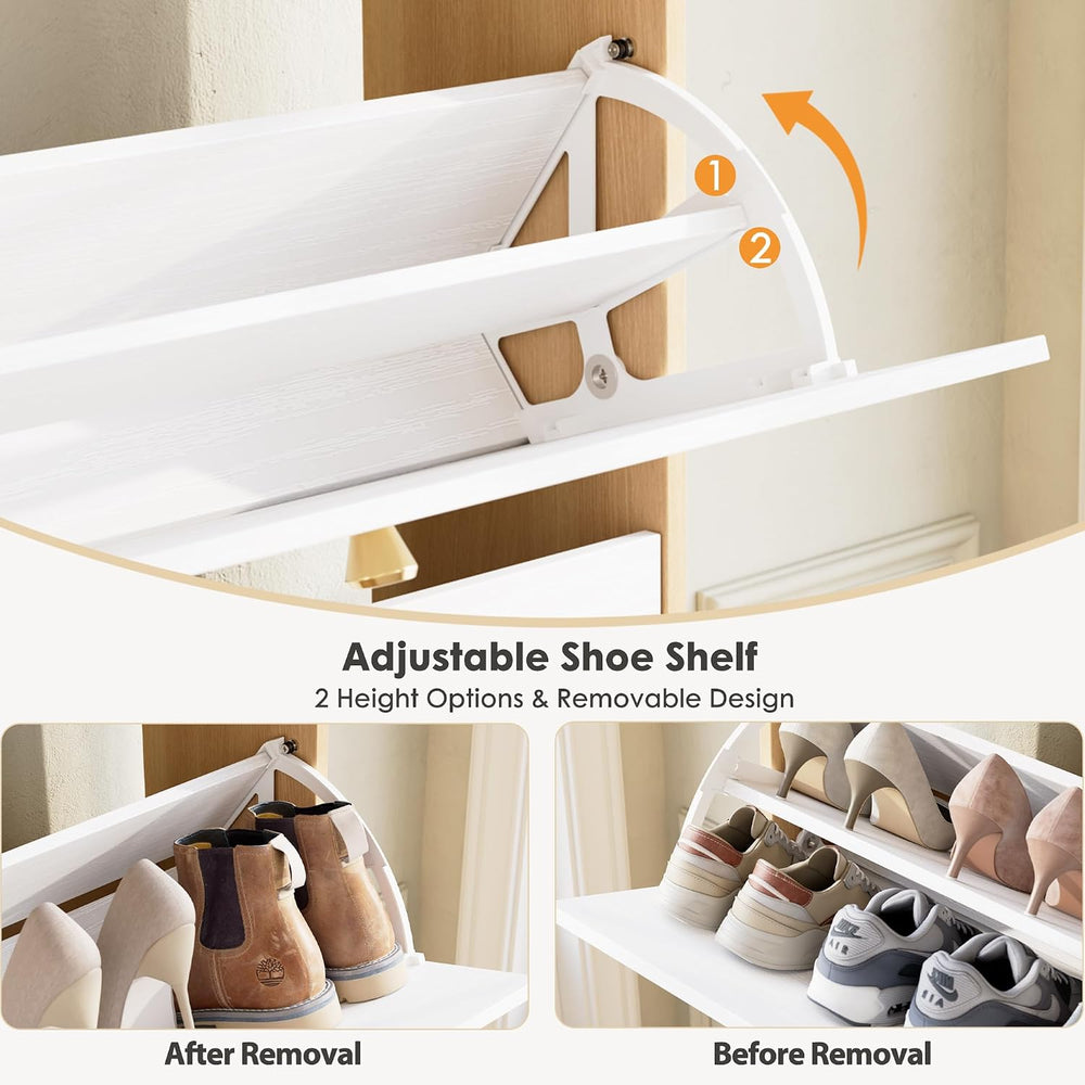 Nicetree Shoe Storage Cabinet with 2 Flip Drawers, Natural Oak and White
