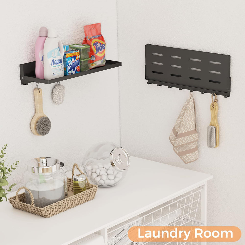 Folding Shelf with Hooks Wall Mount, Laundry Room Metal Shelves, Fold Up 90° ...