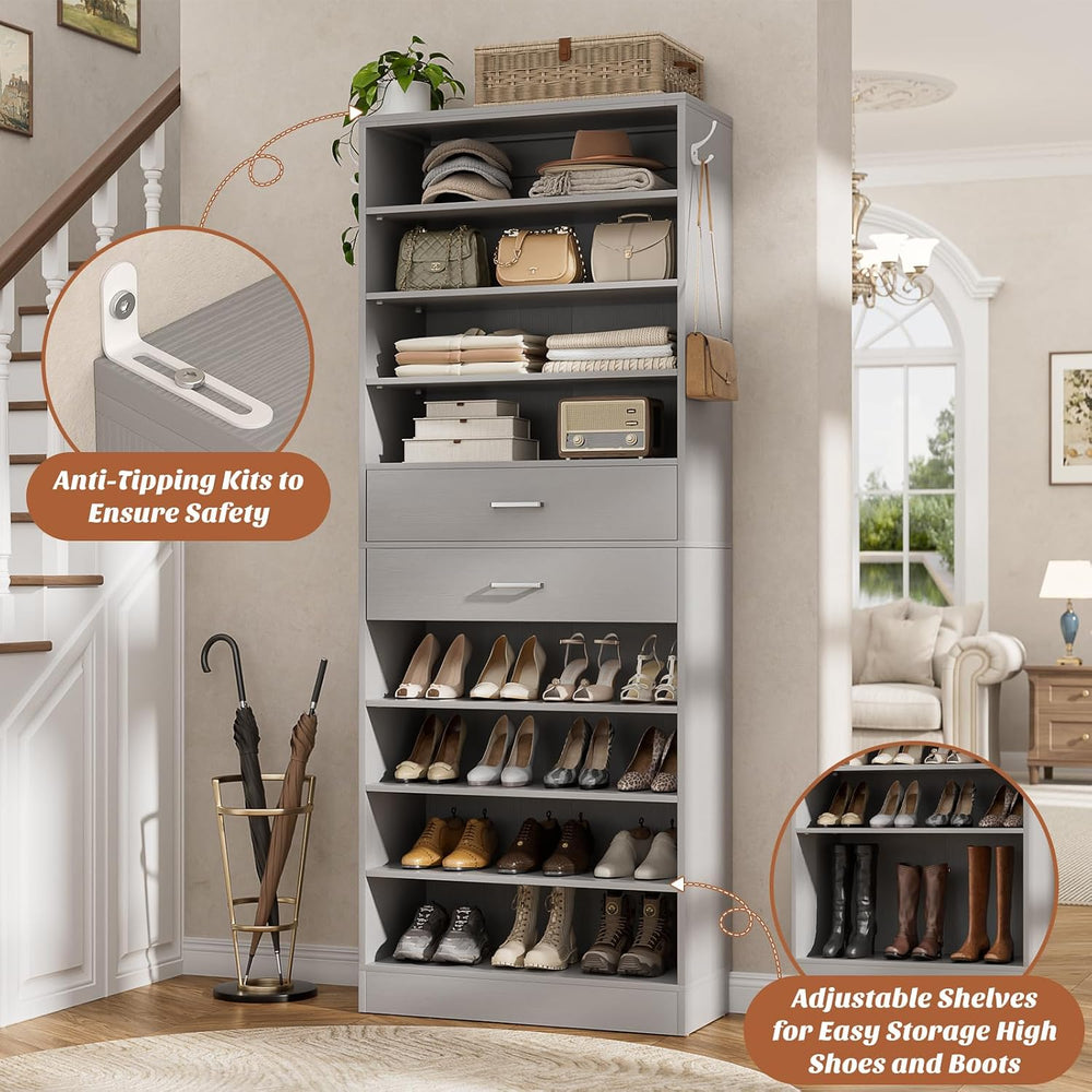 Aheaplus 10 Tiers Tall Shoe Cabinet, 25.6" Wood Sturdy Shoe Rack, Grey
