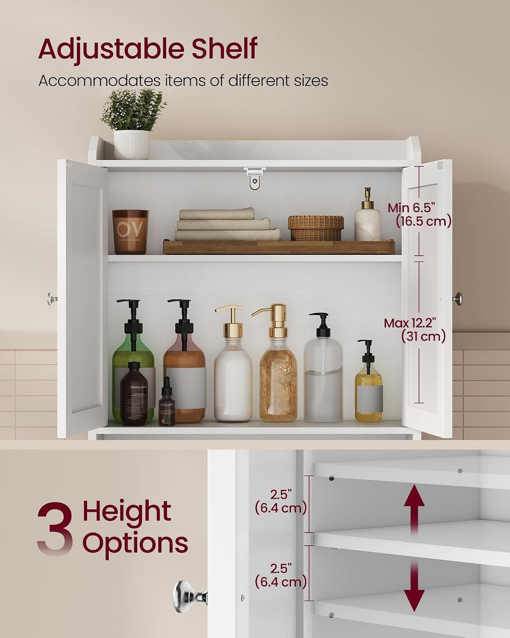VASAGLE Over the Toilet Storage Cabinet, Doors, Adjustable Shelves, 24.6'...