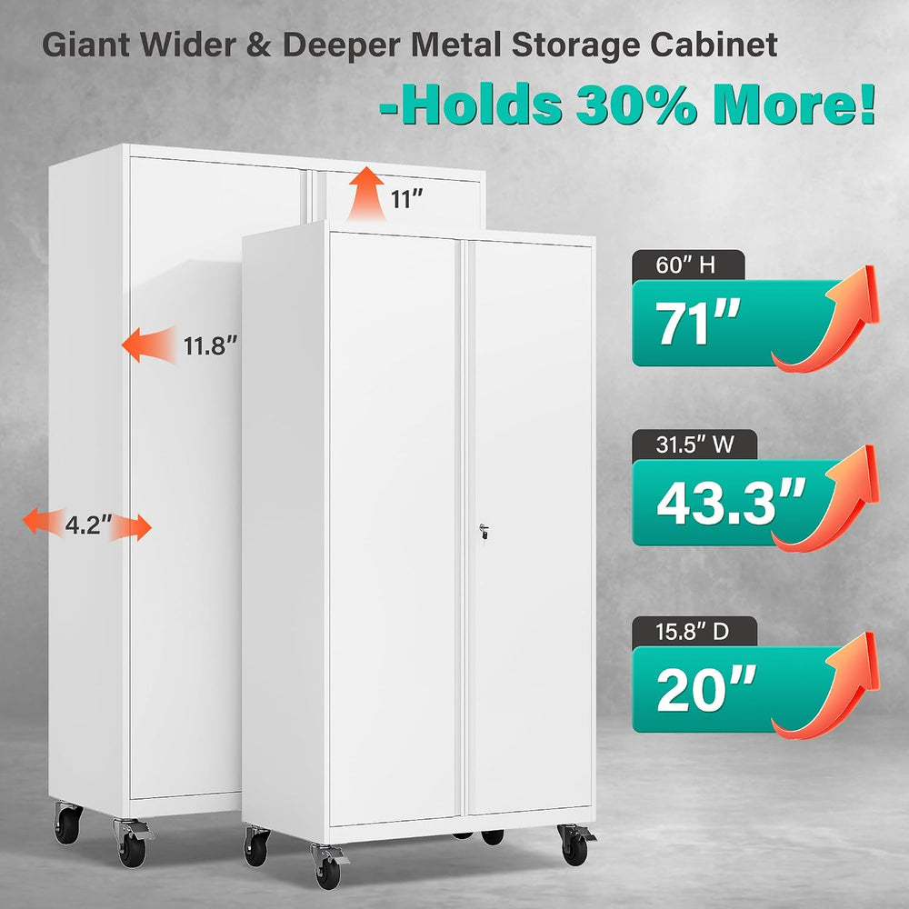 White Wide & Deep Metal Storage Cabinet with Wheels,Tall Rolling Garage S...