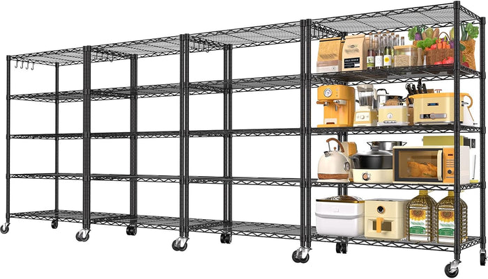 24" W x 18" D x 75" H Wire Storage Shelves with Wheels: 5 Tier Adjustable Metal Shelving Unit, Heavy Duty Bakers Rack Rolling Pantry Shelf Organizer for Closet, Kitchen, Laundry Black, 4PCS