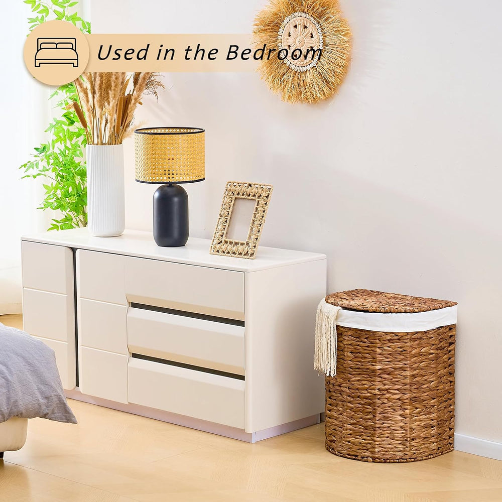 Water Hyacinth Laundry Hamper with lid, Half Moon Shape with 2 Removable Clot...