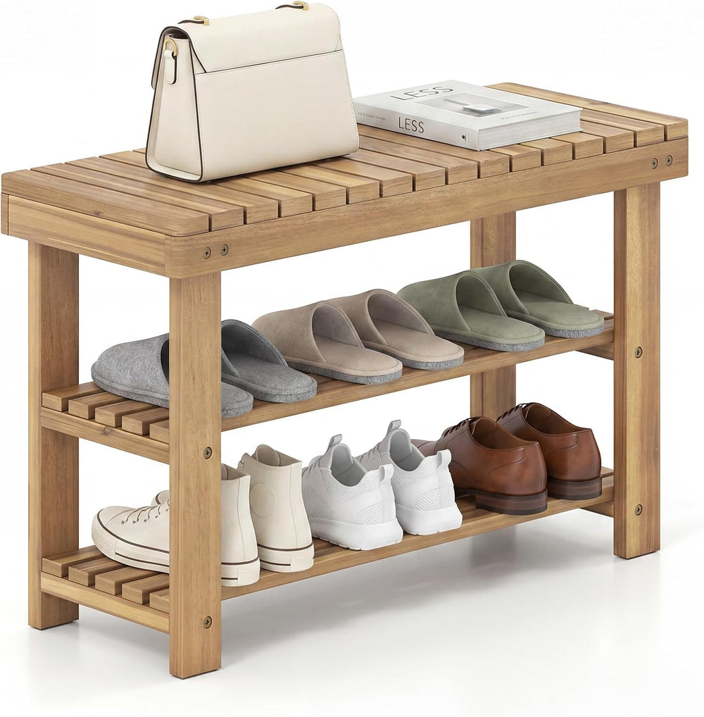 GOFLAME Wooden Shoe Rack Bench, 3-Tier Free Standing Entryway Bench Seat with...