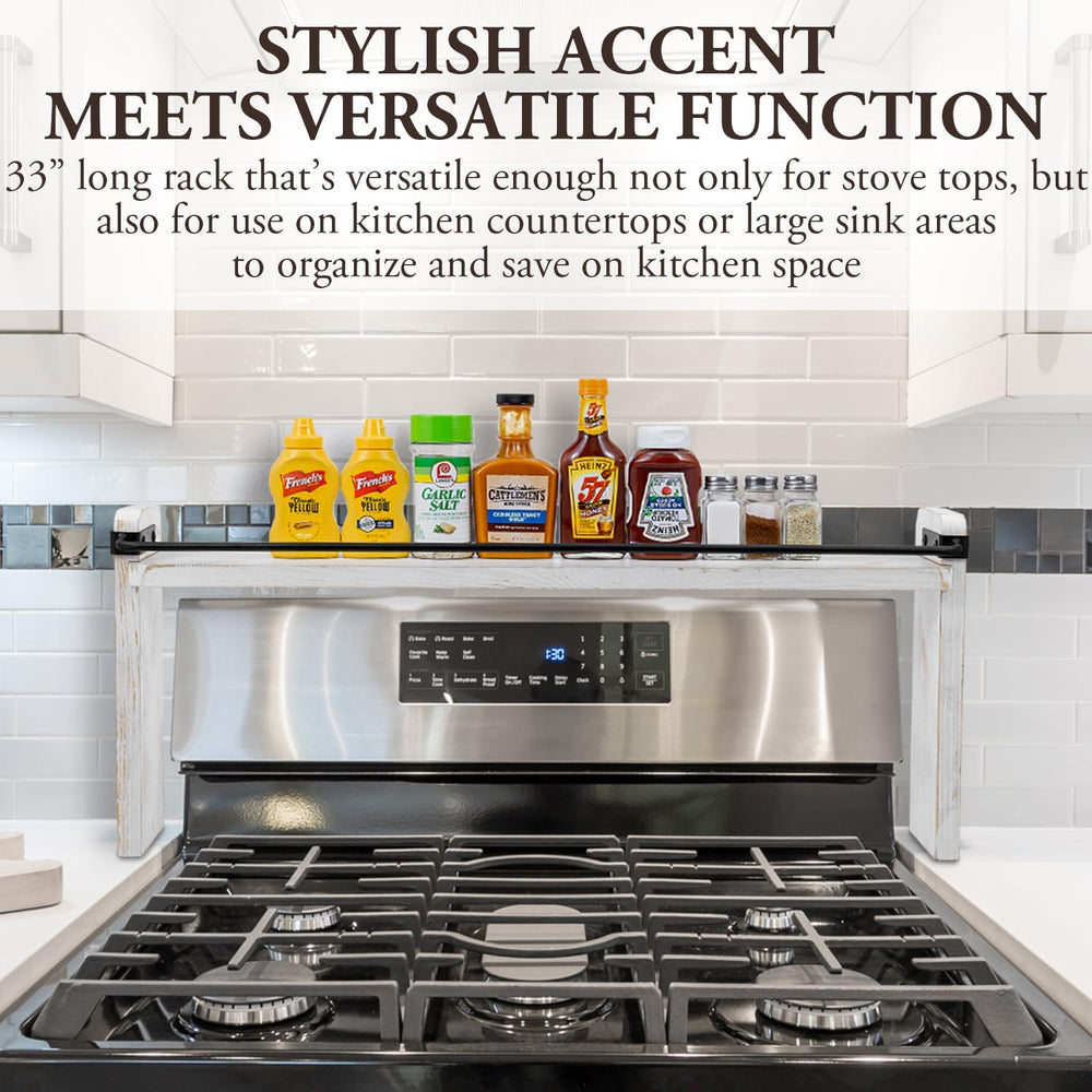 MyGift 33-Inch Stove Top Spice Shelf, Whitewashed Wood Black Metal Rack