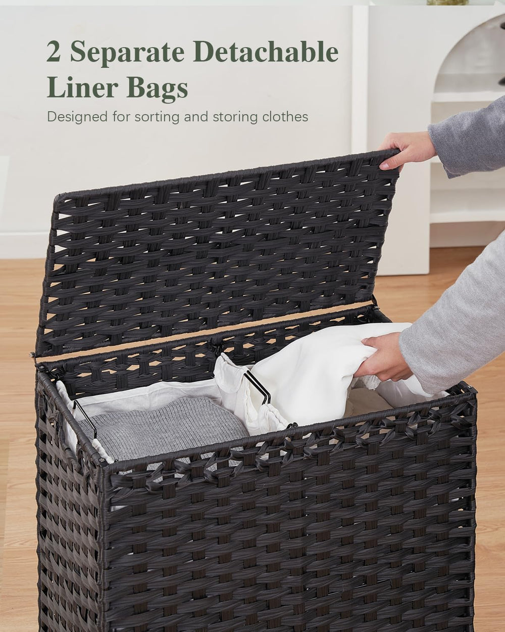 SETVSON Laundry Hamper with Lid, 112 L PE Rattan Woven Bin, Black