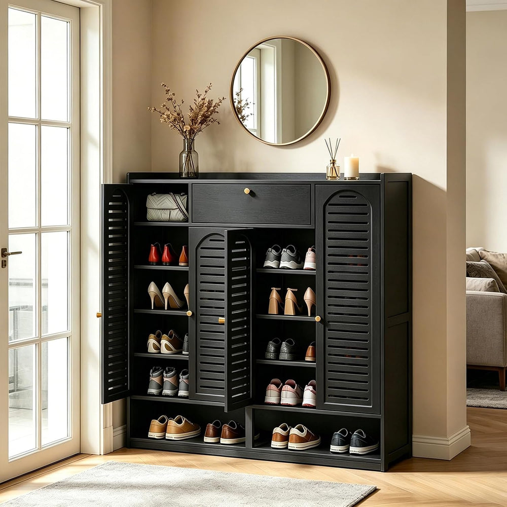Bamboo 7-Tier Shoe Cabinet with Louvered Doors, Large Capacity Shoe Storage O...